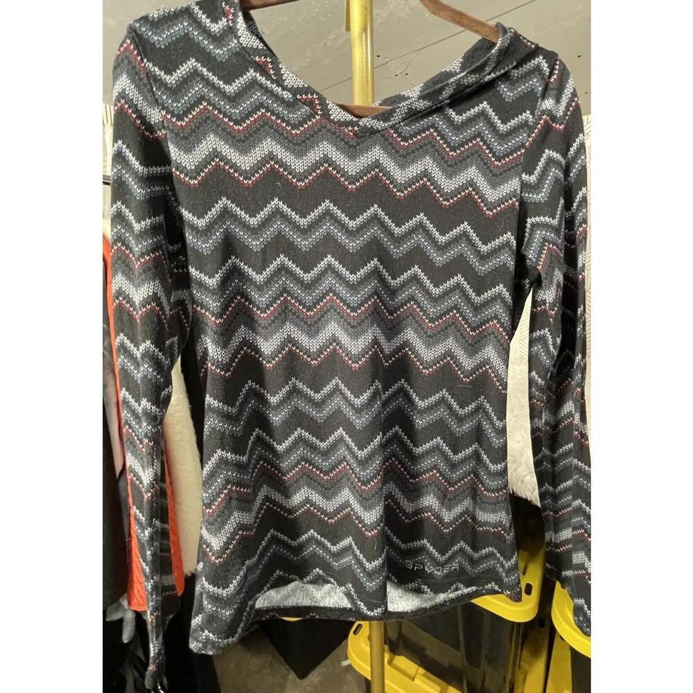 Spyder Women Black Gray Red Chevron Stripe Long Sleeve Base Layer Ski Top MEDIUM